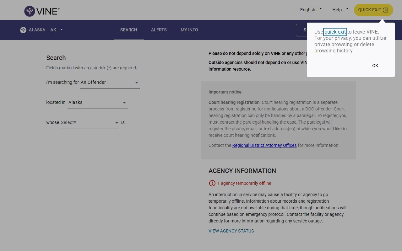 VINE offender notification portal for Knik-Fairview court docket case tracking