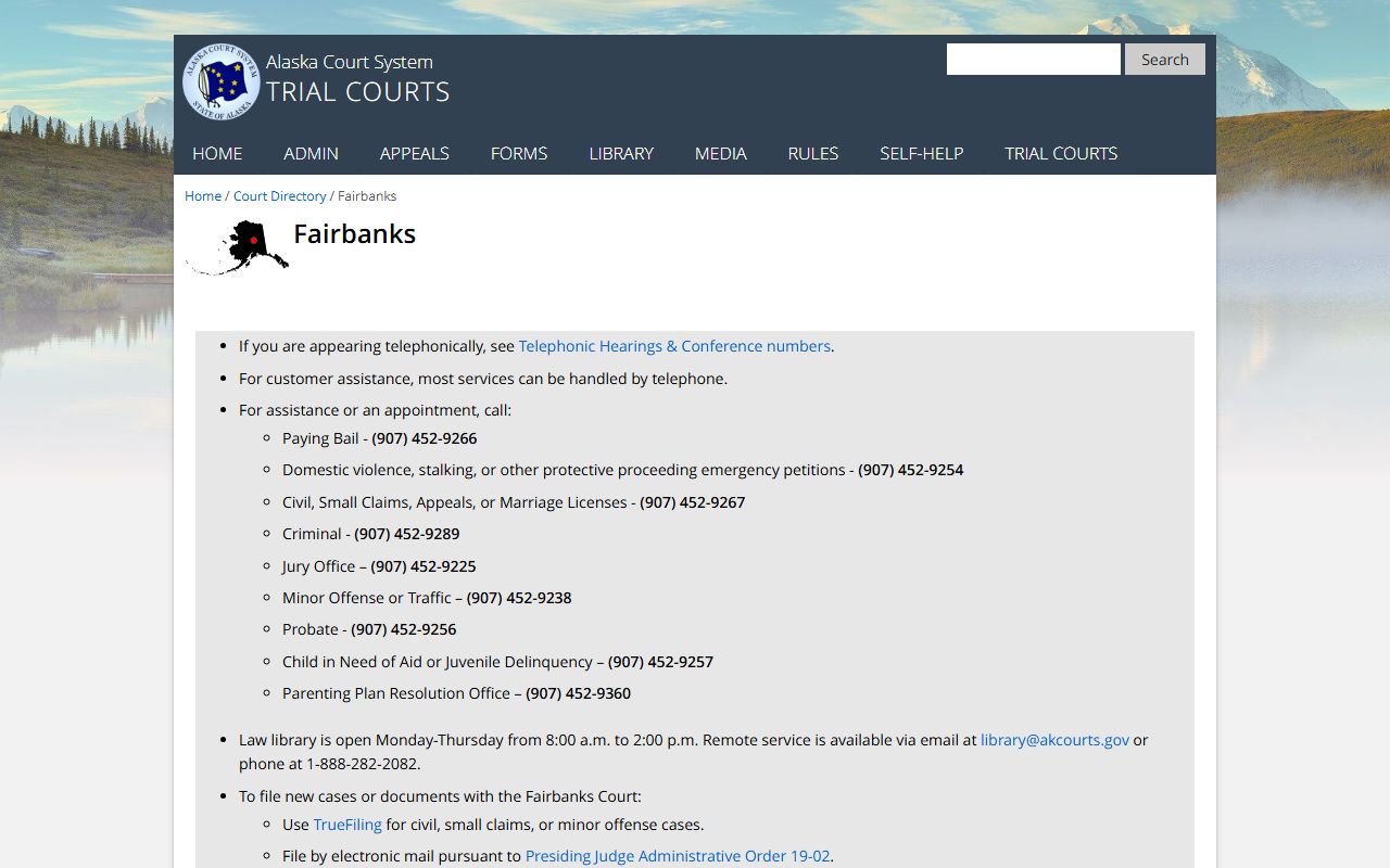 Fairbanks Superior and District Court page for court docket record access