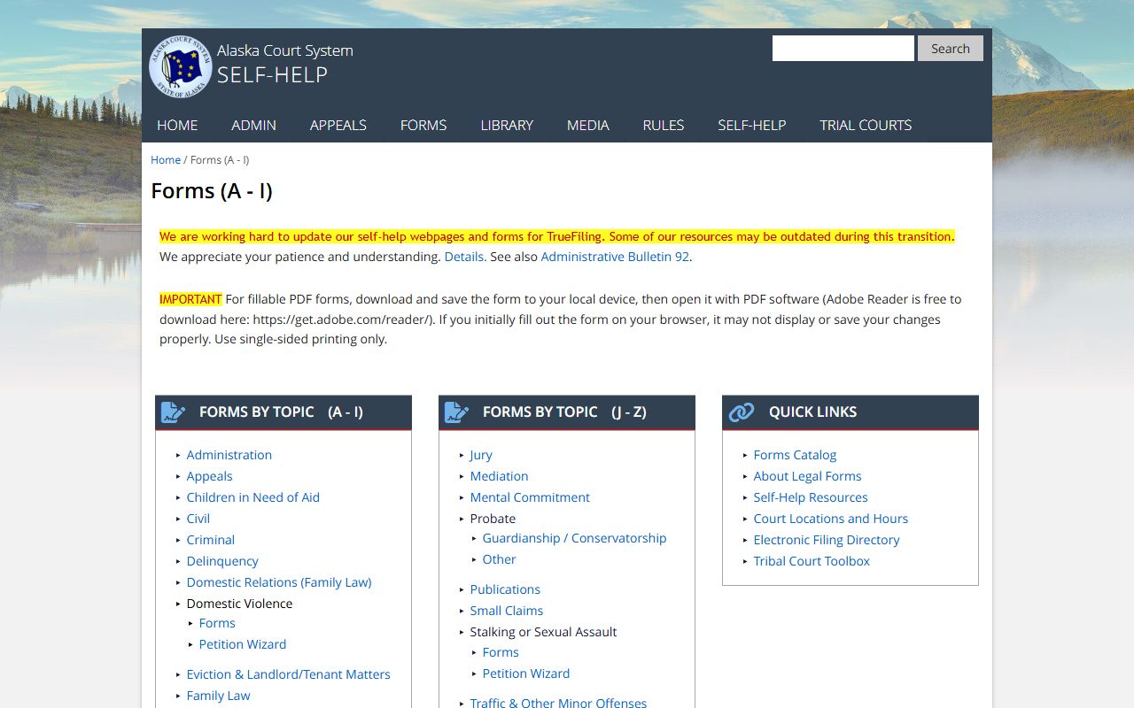 Alaska court forms page showing records request forms for court dockets