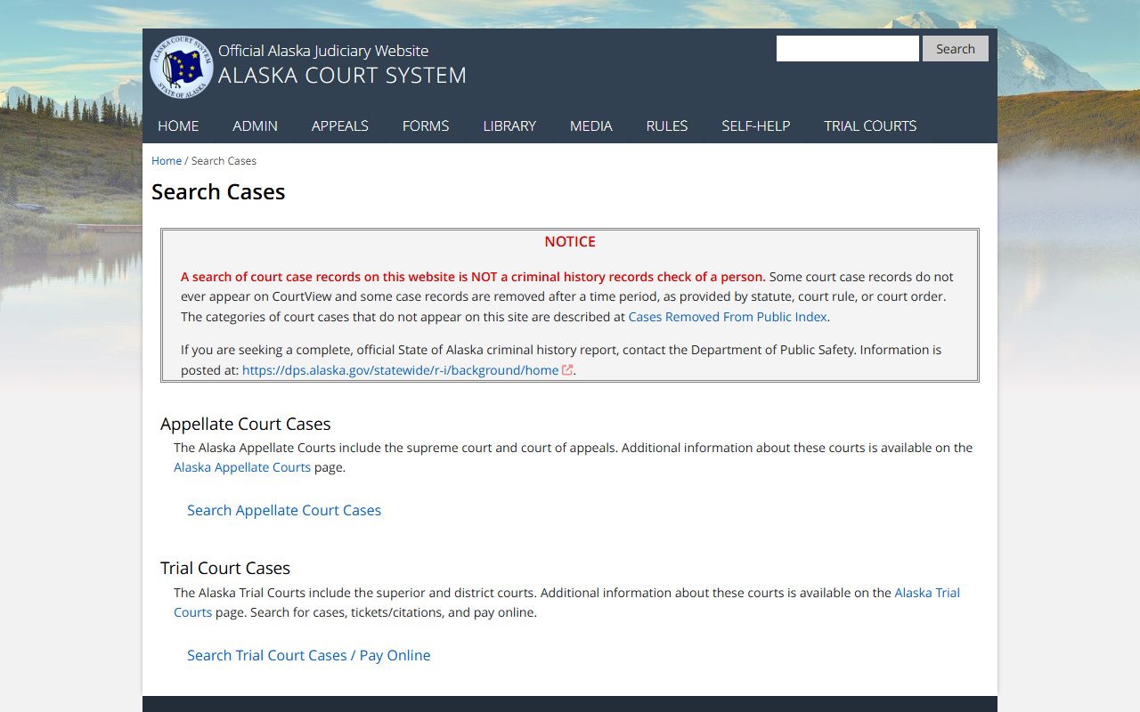 Alaska Court System case search portal for court docket records