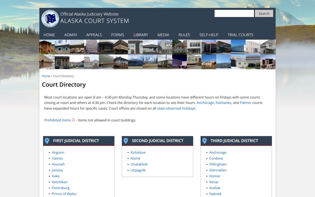 Alaska court directory showing all court locations by judicial district