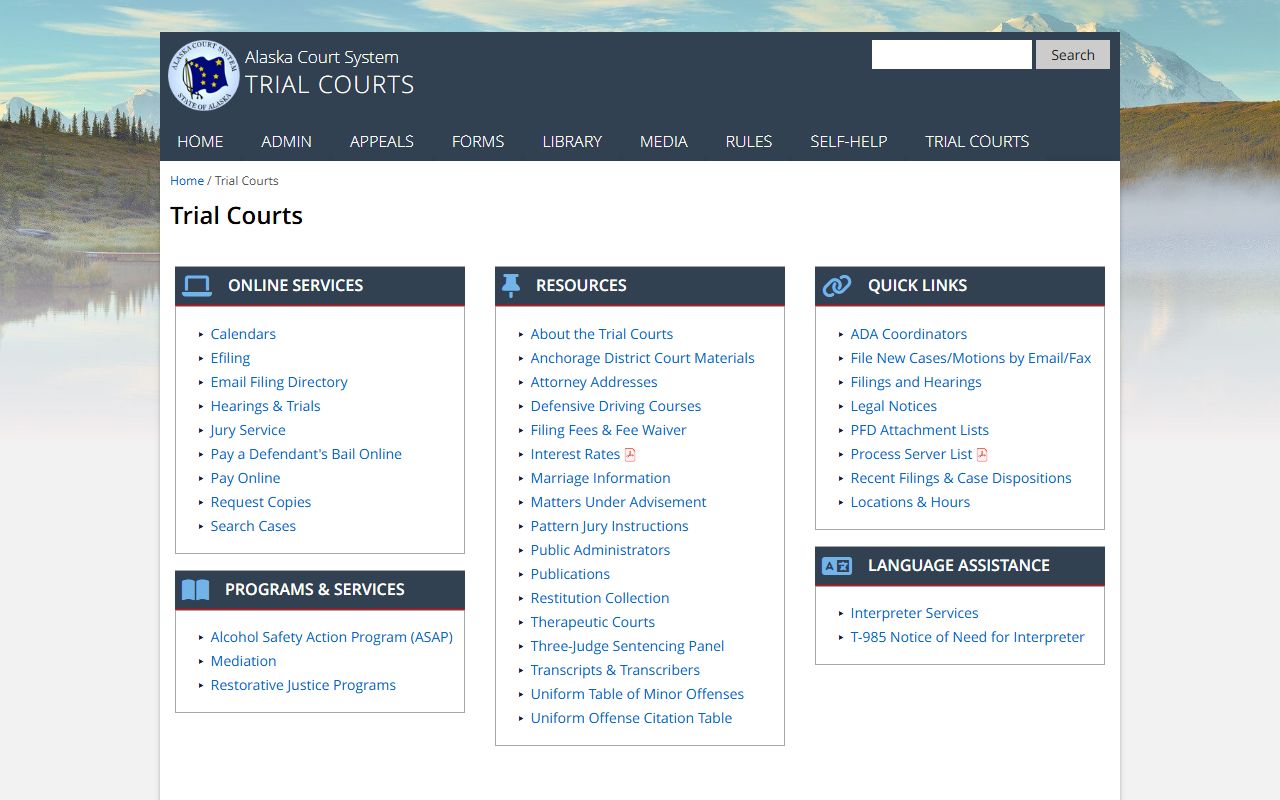 Alaska trial courts information page showing court docket structure