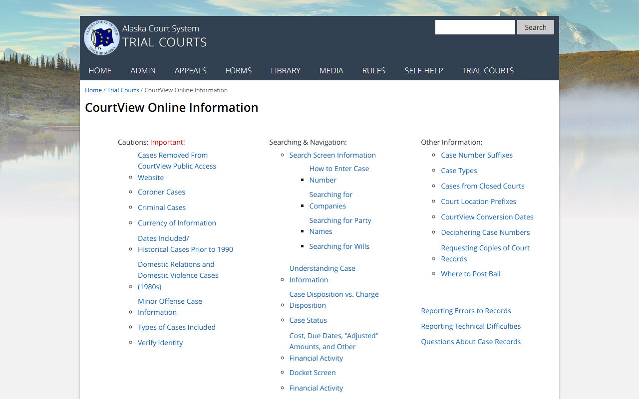 CourtView online information page for Alaska court docket searches