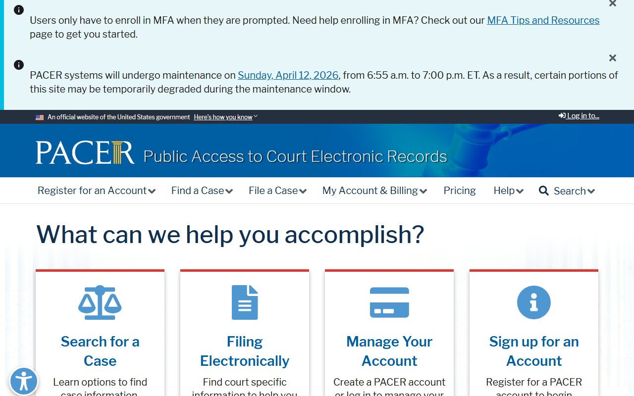PACER federal court records system for Alaska court docket searches